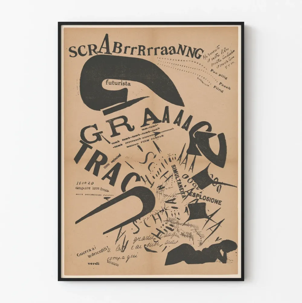 Typografinen futuristinen italialainen juliste Sota ja räjähdys