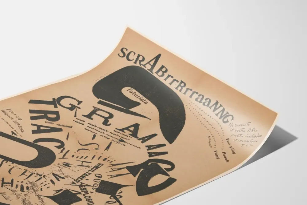 Typografinen futuristinen italialainen juliste Sota ja räjähdys