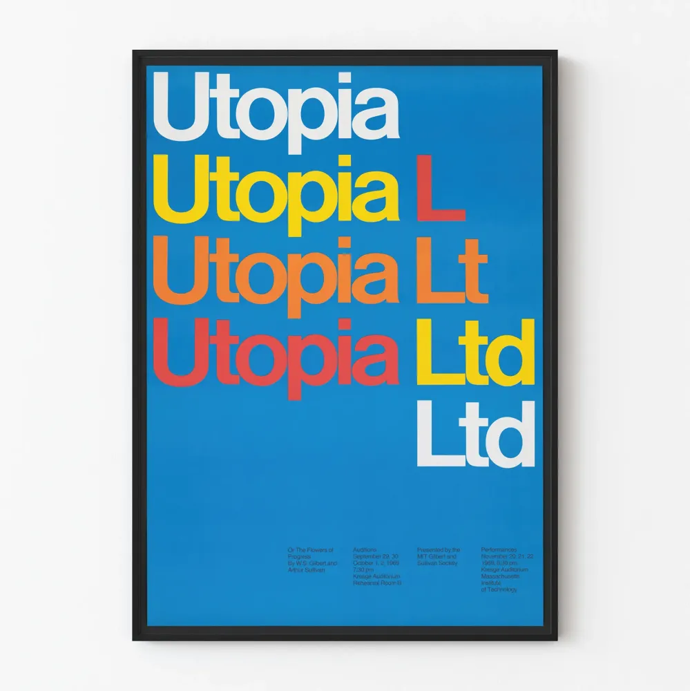 Utopia Ltd - Typografinen värillinen juliste sinisellä taustalla