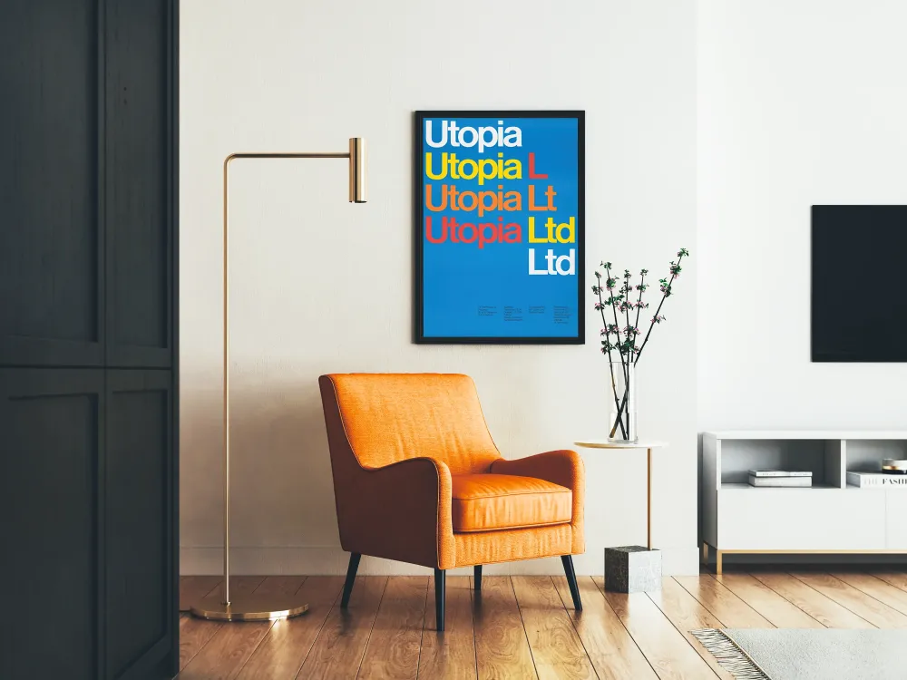 Utopia Ltd - Typografinen värillinen juliste sinisellä taustalla
