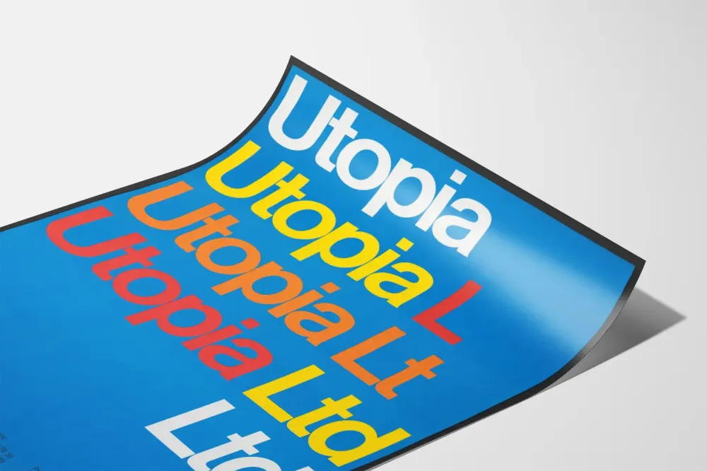 Utopia Ltd - Typografinen värillinen juliste sinisellä taustalla
