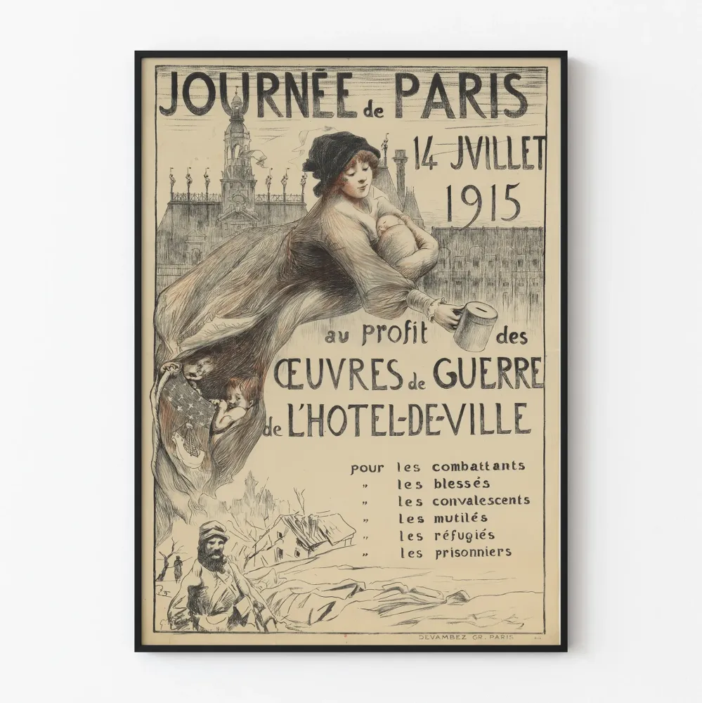 Vanha juliste Pariisin päivästä 14. heinäkuuta 1915 Sodan teoksia