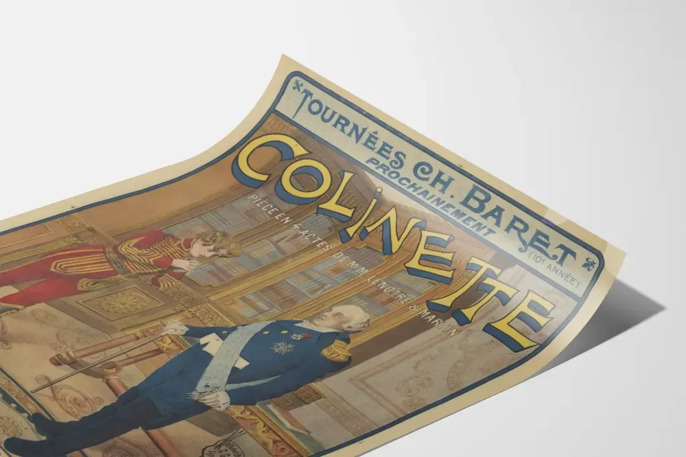 Vanha juliste Tournées Ch. Baret - Colinet, näytelmä neljässä näytöksessä