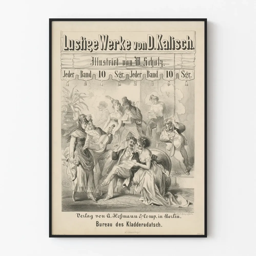 Vanha taiteellinen juliste, jossa on humoristisia kohtauksia D. Kalischilta W. Scholzilta