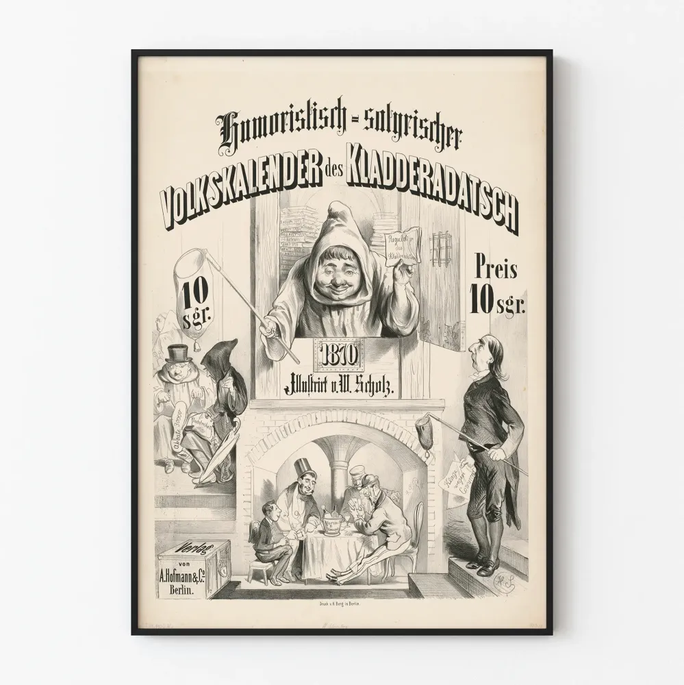 Vanhanaikainen humoristinen juliste Volkskalender 1870
