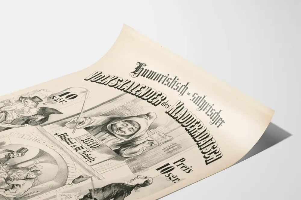 Vanhanaikainen humoristinen juliste Volkskalender 1870