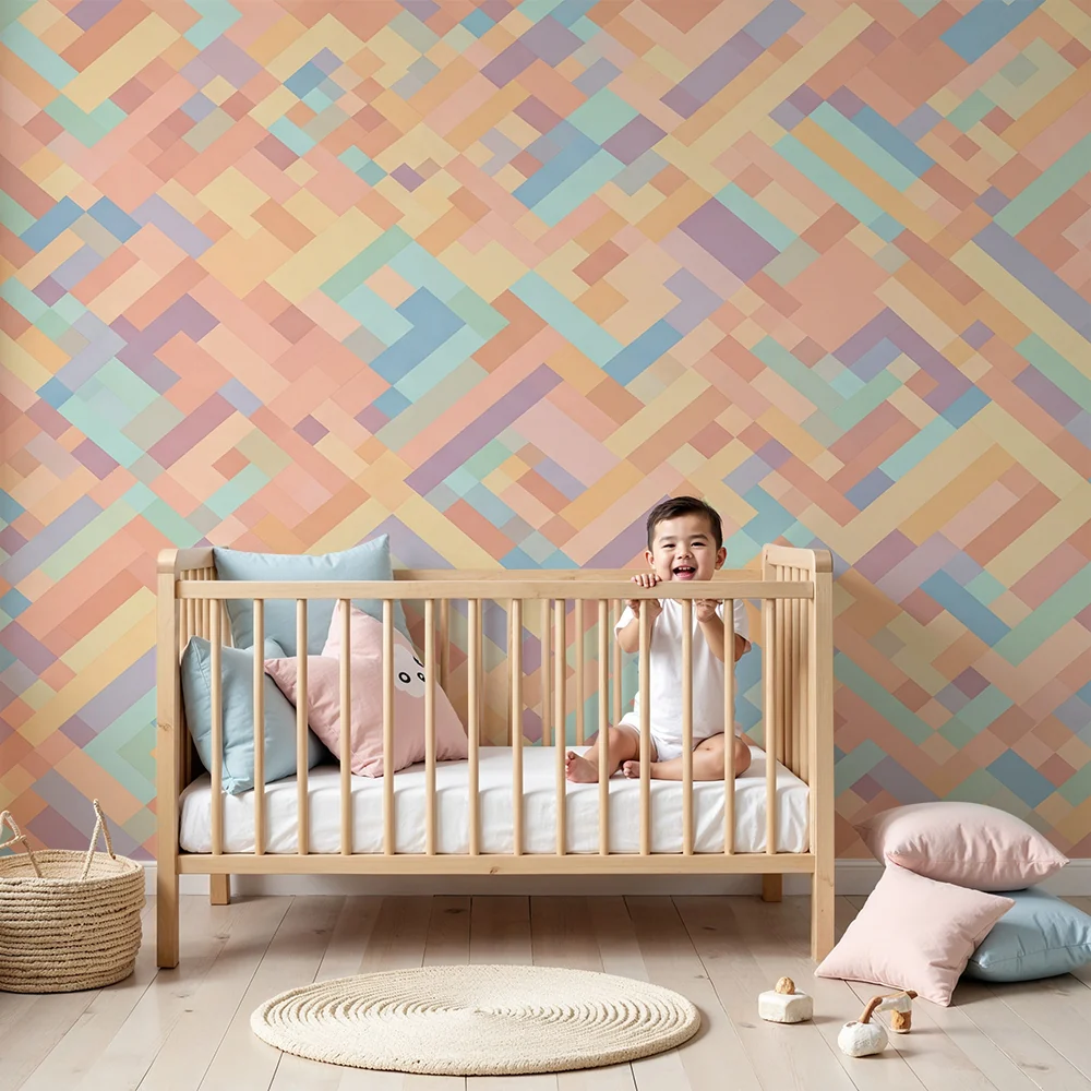 Vauvanhuoneen tapetti | Pastelligeometriset kuviot luovat lempeän tunnelman