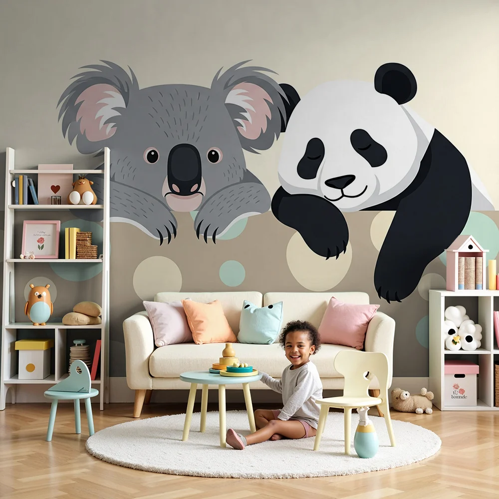 Vauvanhuoneen tapetti | Suloinen koala ja panda pehmeällä pohjalla