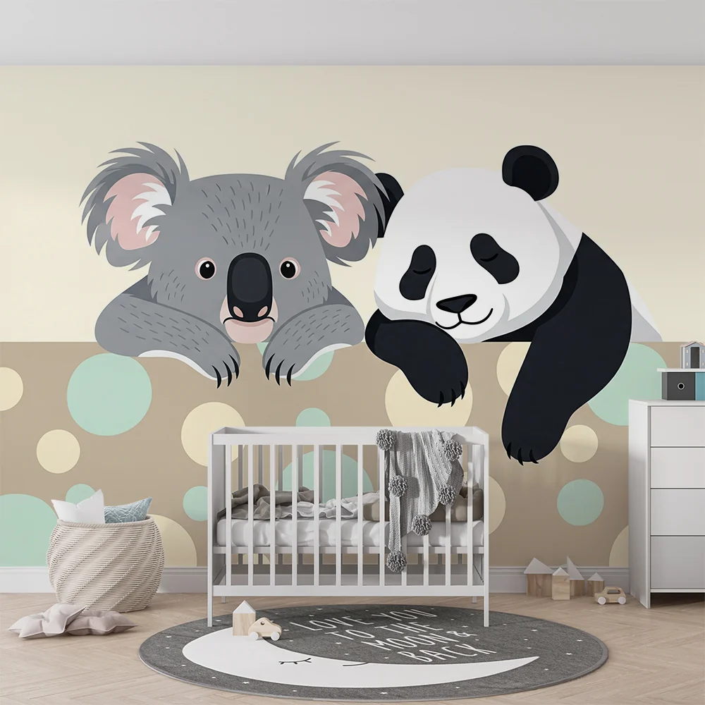 Vauvanhuoneen tapetti | Suloinen koala ja panda pehmeällä pohjalla
