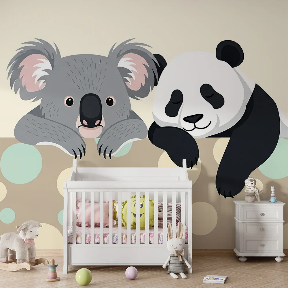 Vauvanhuoneen tapetti | Suloinen koala ja panda pehmeällä pohjalla
