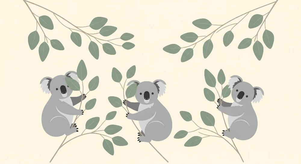 Vauvanhuoneen tapetti | Suloinen koala-pehmeällä pohjalla ja hienostuneella lehvästöllä