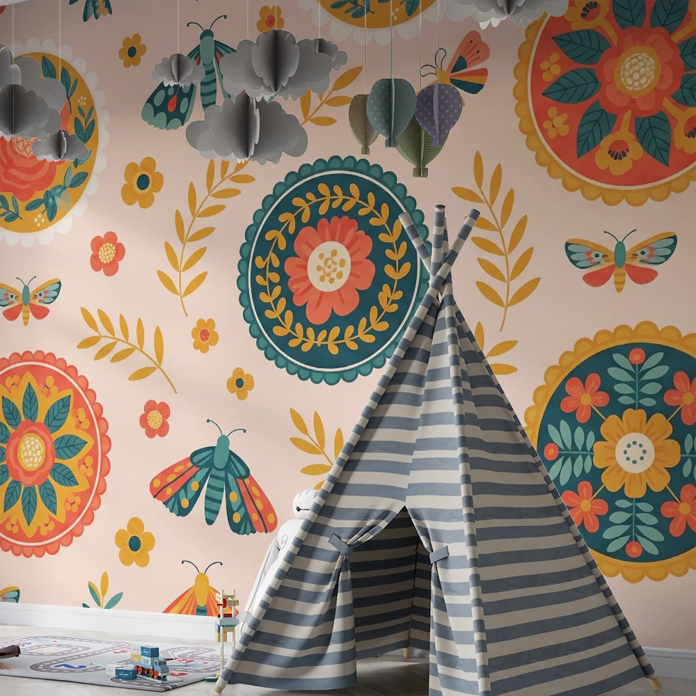 Vauvanhuoneen tapetti | Värikkäät kukka- ja perhoskuviot