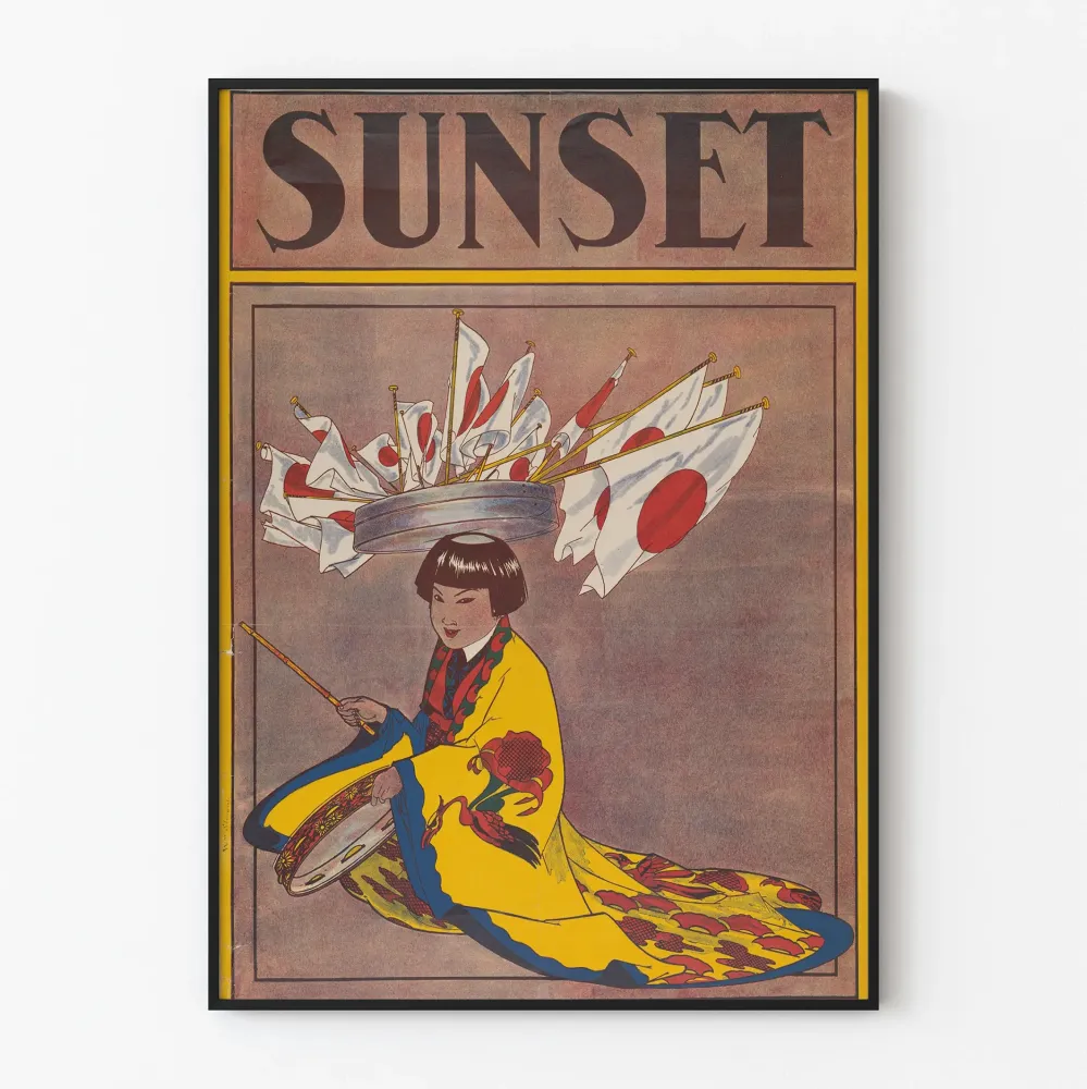 Vintage auringonlasku - Nuori tyttö kimonoissa japanilaisilla lipuilla