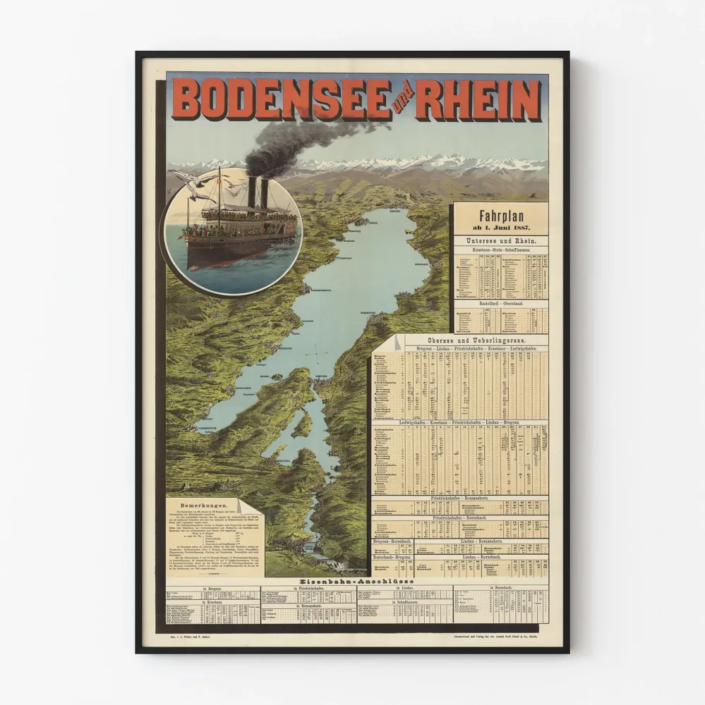 Vintage Bodensee ja Rhein - Risteilykartta vuodelta 1887