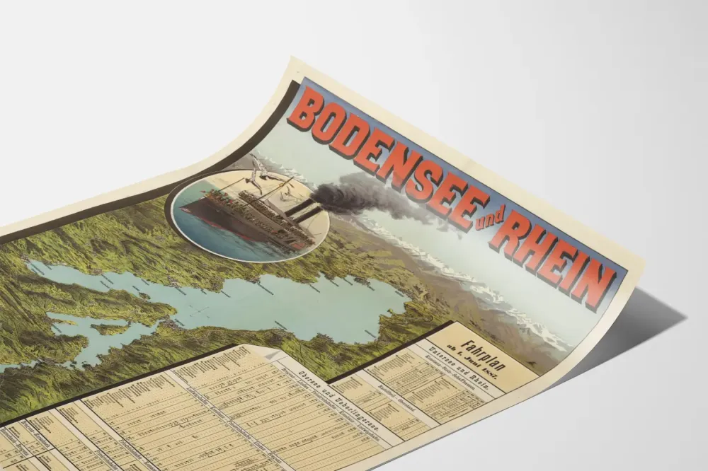 Vintage Bodensee ja Rhein - Risteilykartta vuodelta 1887