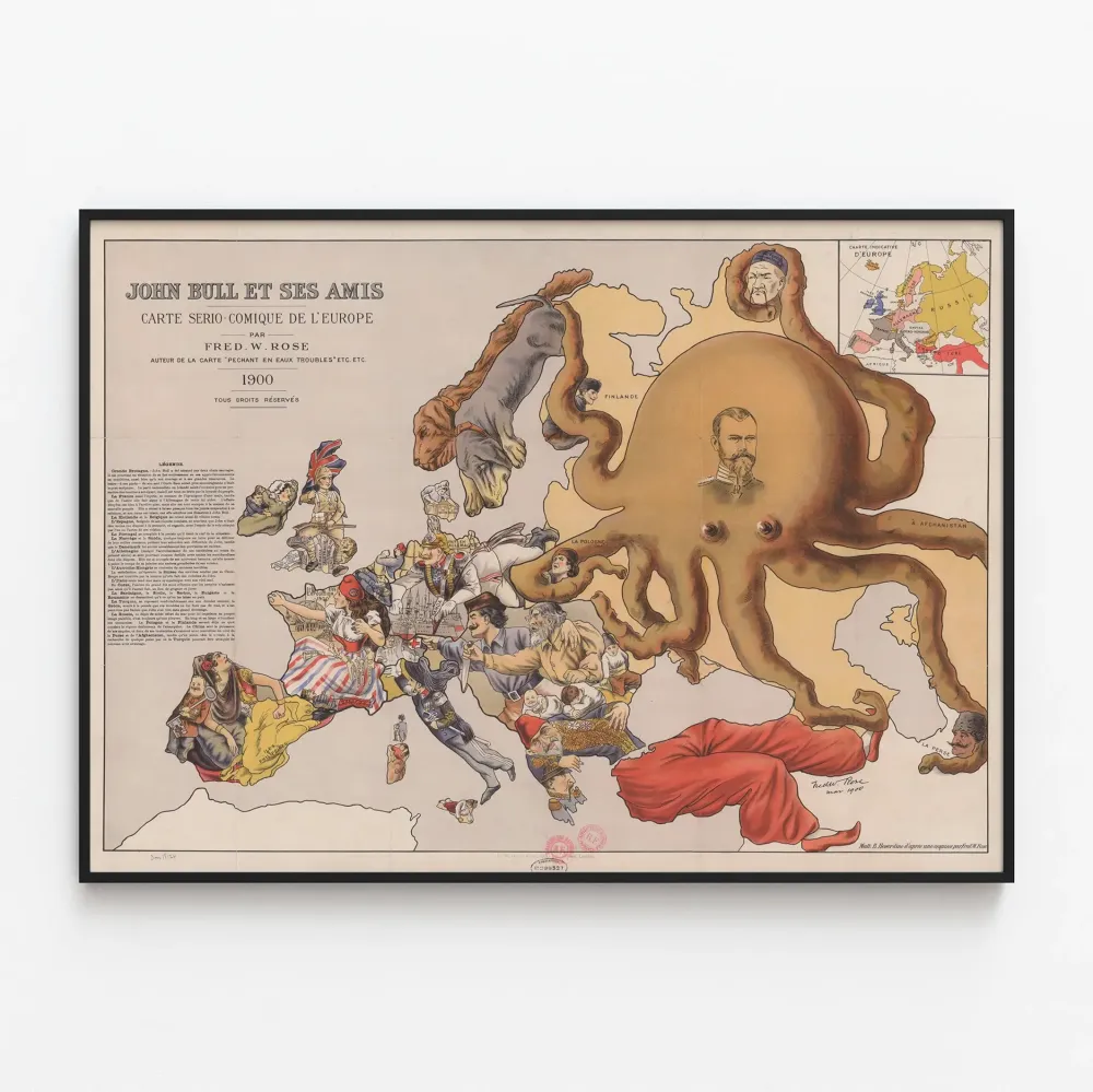 Vintage John Bull ja hänen ystävänsä - Euroopan humoristinen kartta 1900