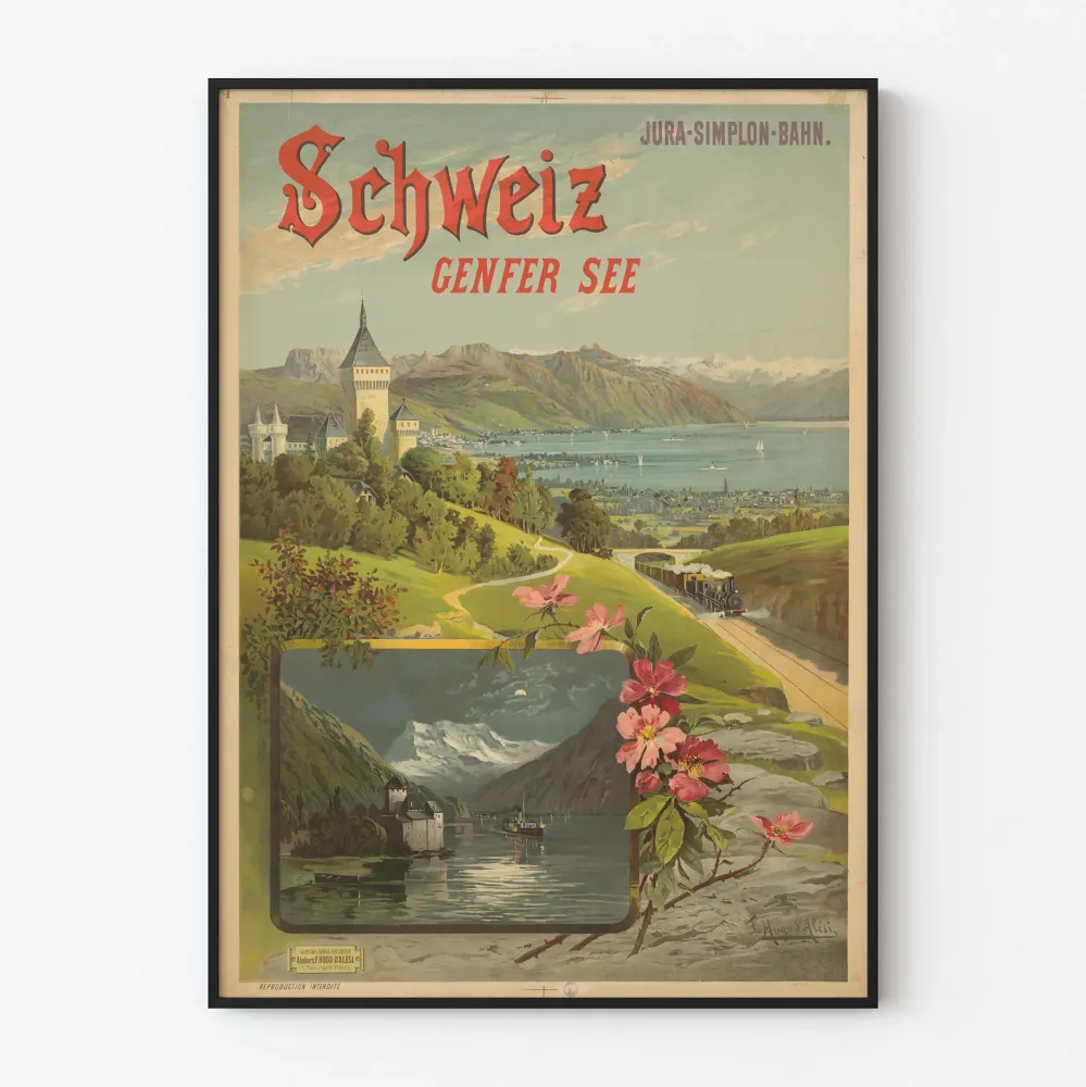 Vintage Jura-Simplon-Bahn Sveitsi Lac Léman - Vintage-seinäkoriste