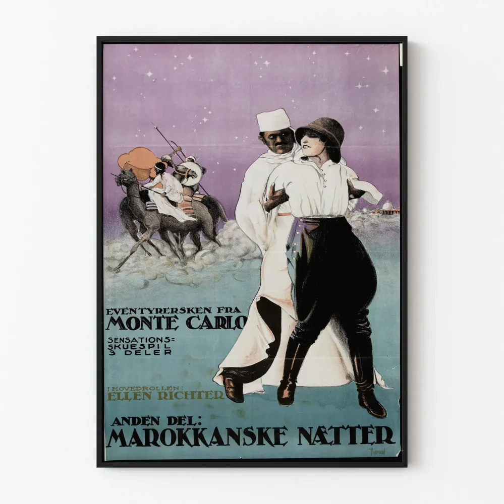 Vintage koristeposteri Monte Carlon seikkailijasta ja Marokon öistä