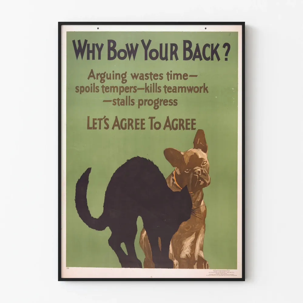 Vintage sisustustuloste "Why Bow Your Back?" koira ja kissa