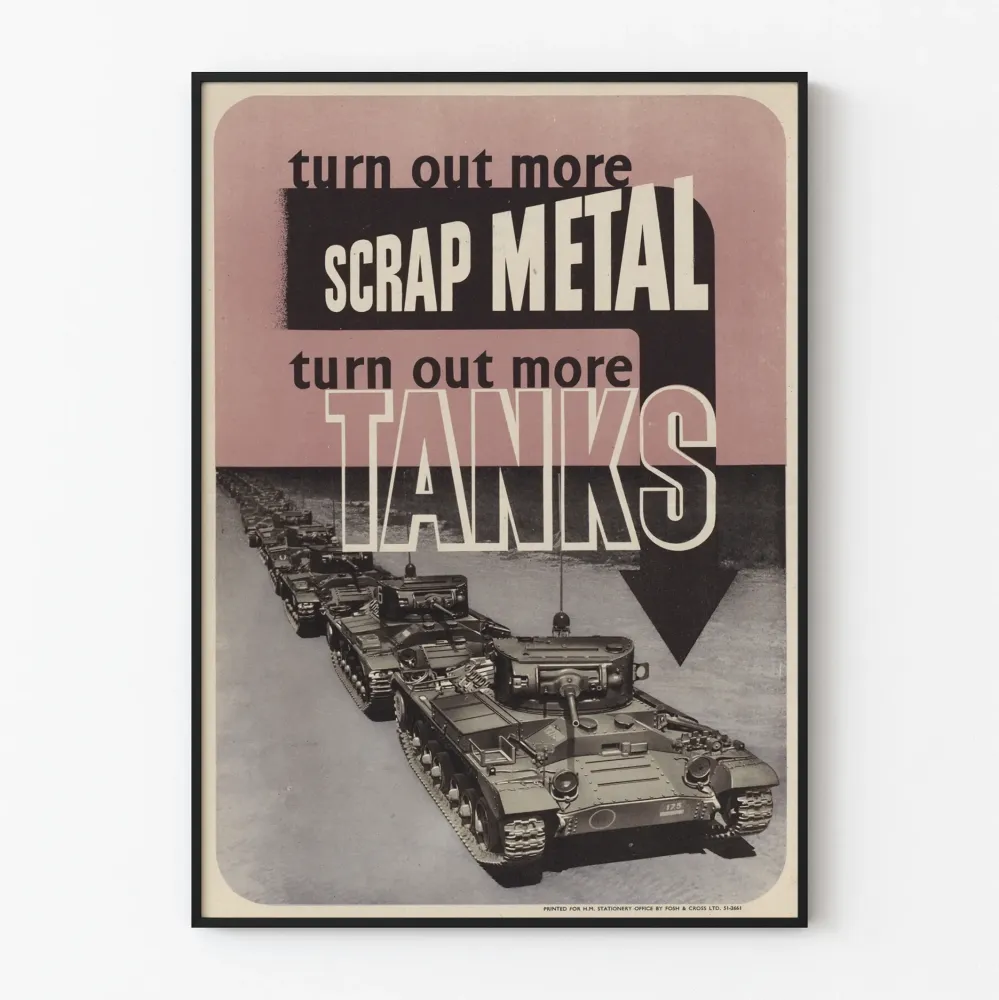 Vintage sotilaspainos romumetallista ja tankeista