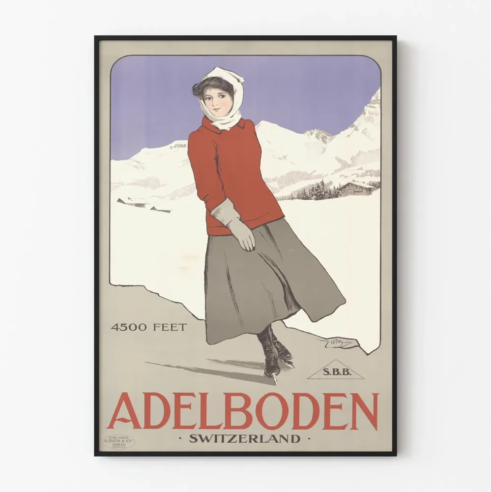 Vintagejuliste Adlerboden Sveitsi - Vuoristossa jäällä luistelija
