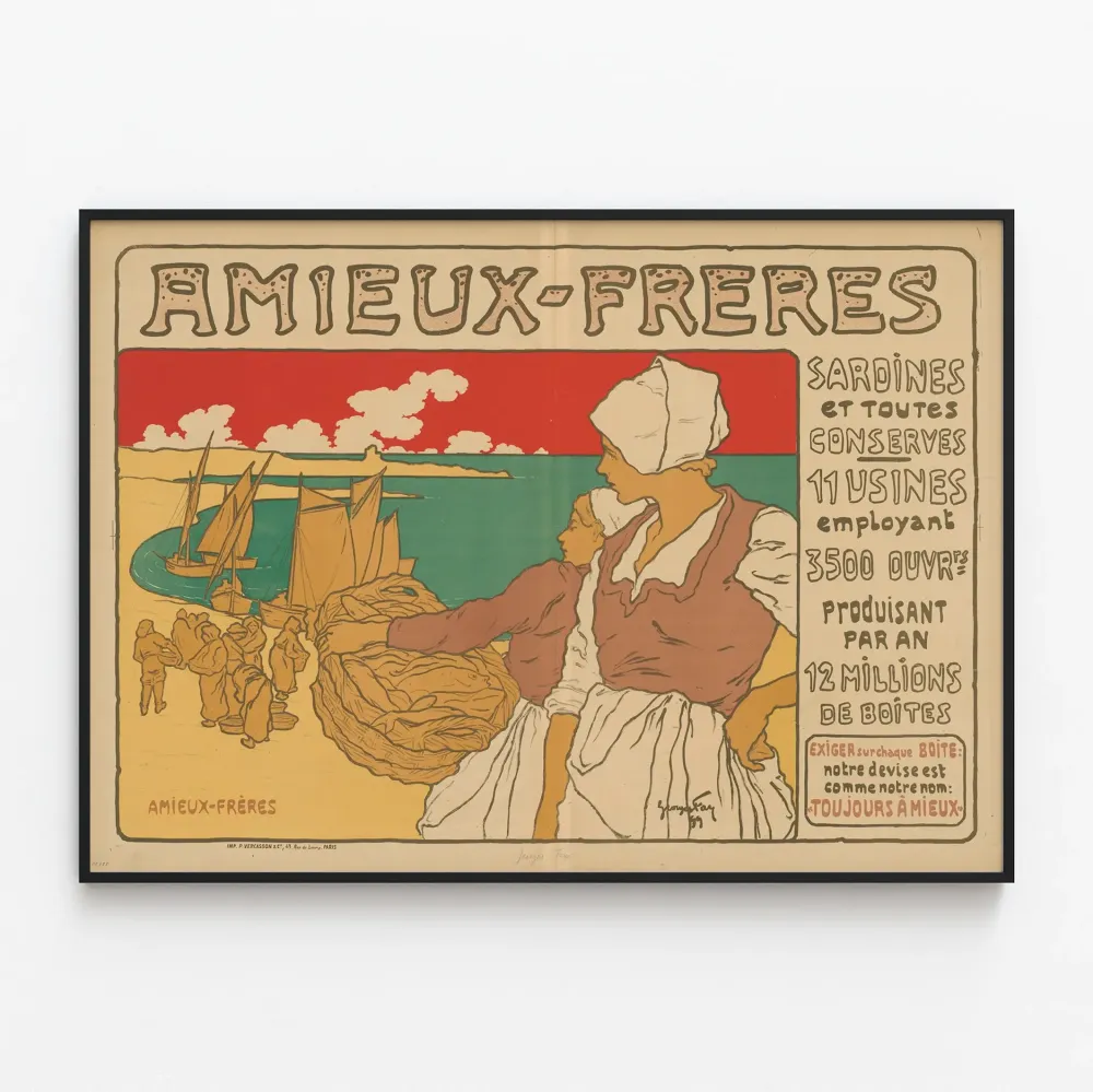 Vintagejuliste Amieux-Frères-sardiineista ja säilykkeistä