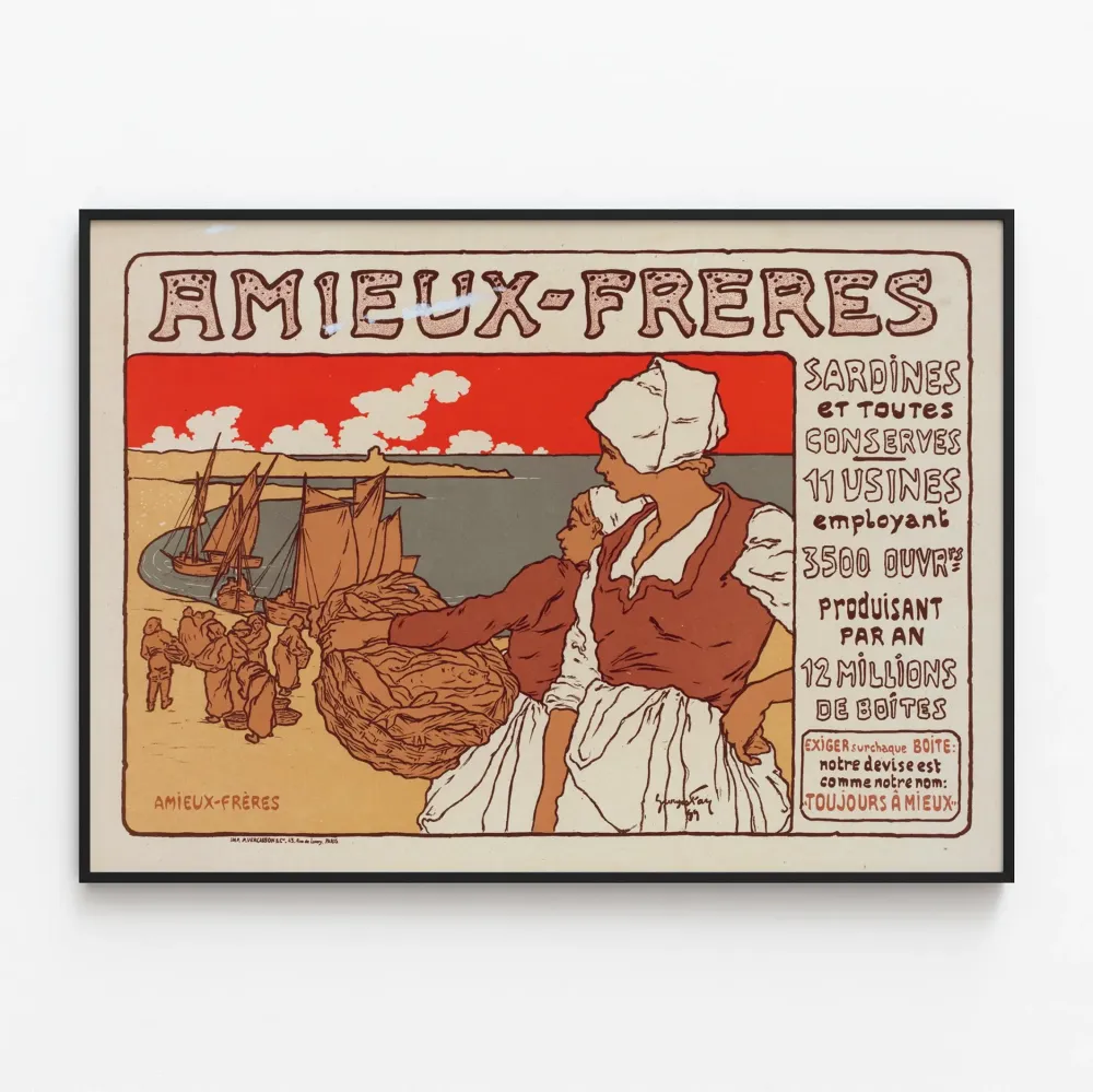 Vintagejuliste Amieux-Frères-sardiineista ja säilykkeistä