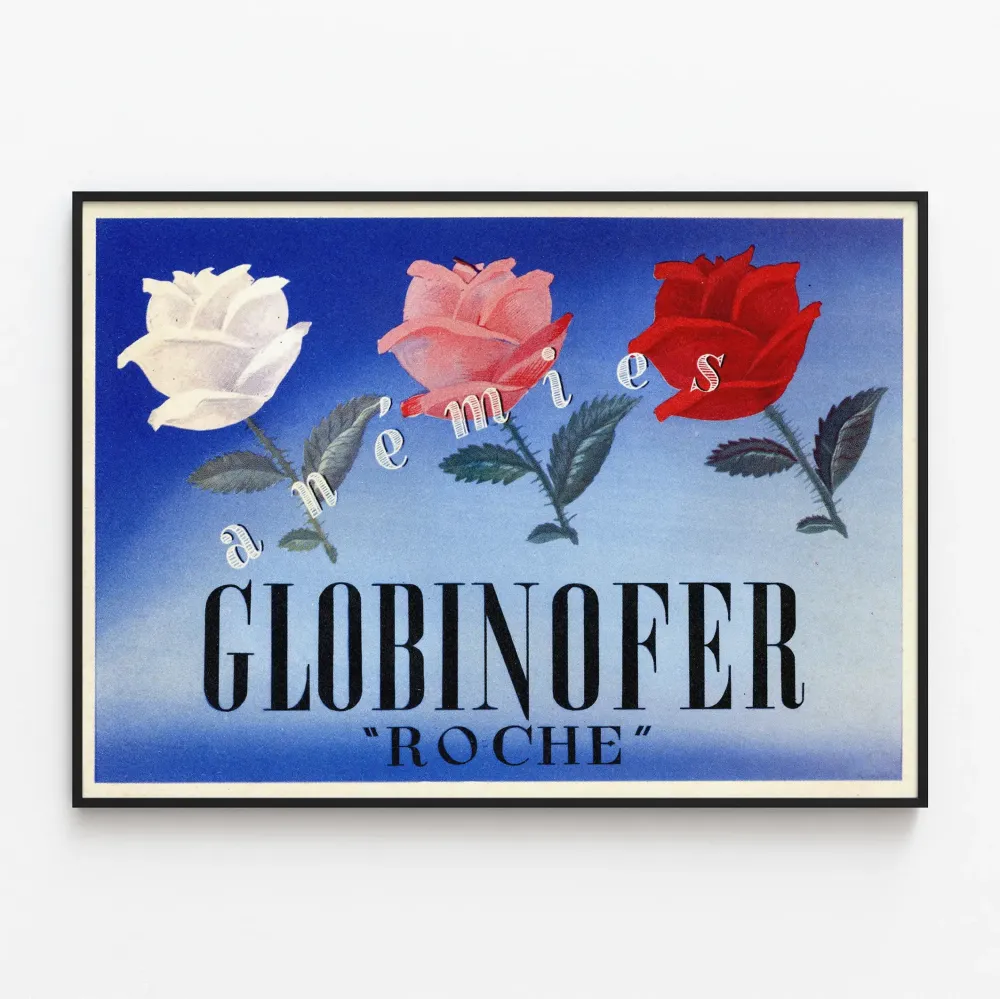 Vintagejuliste 'Annemies Globinofer Roche' kolmella värikkäällä ruusulla