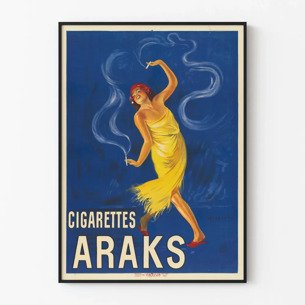 Vintagejuliste Araksin savukkeista, tanssija keltaisessa mekossa