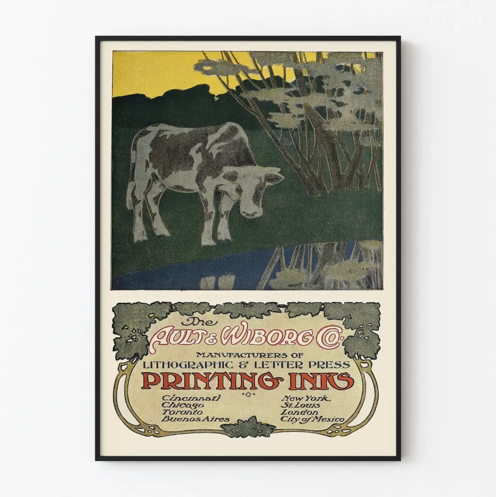 Vintagejuliste Ault & Wiborg: Lehmän kuva ja typografinen sisustus