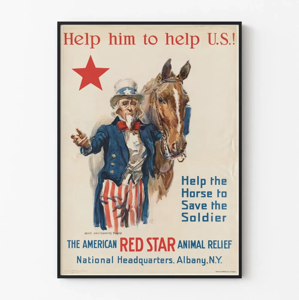 Vintagejuliste Auta hevosta pelastamaan sotilas - American Red Star