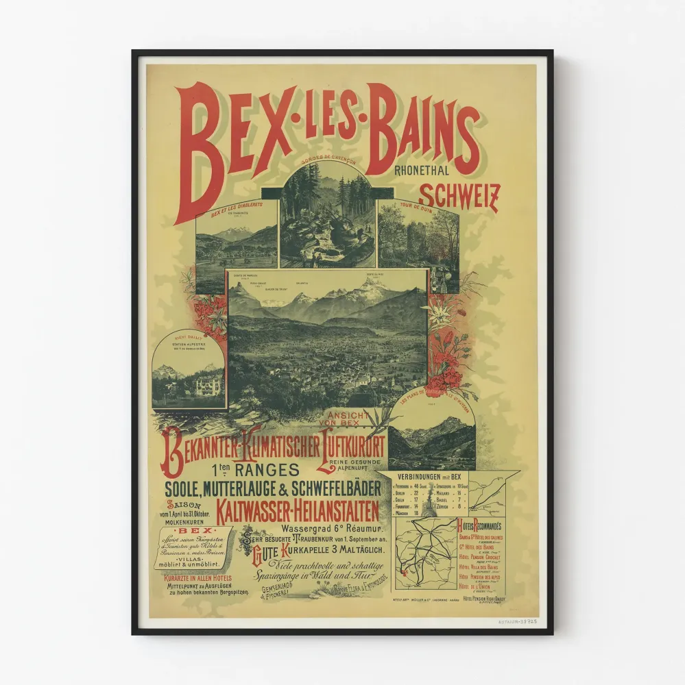 Vintagejuliste Bex-les-Bains Sveitsi - koristeellinen maisemajuliste Alppien