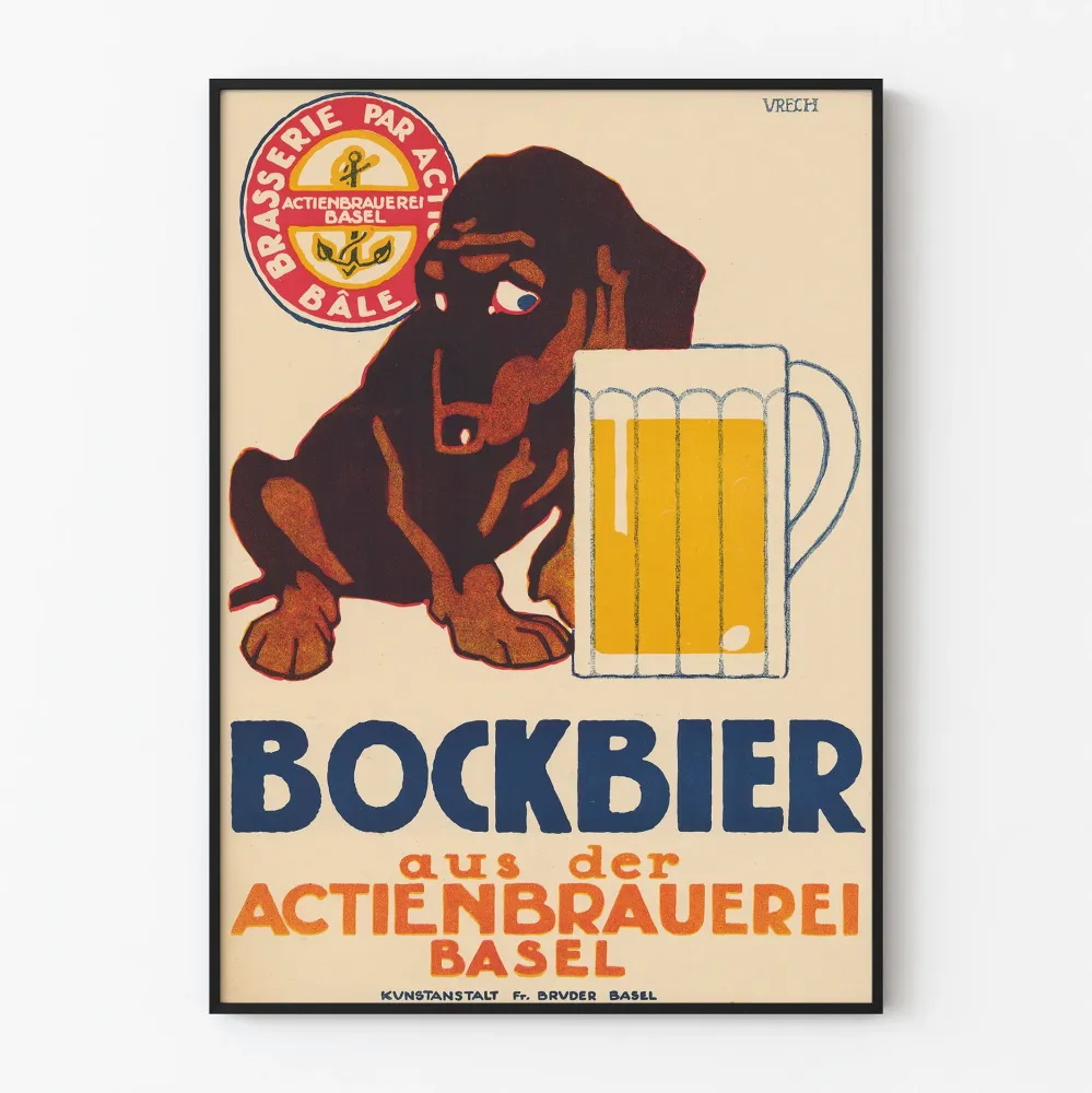 Vintagejuliste Bockbier Actienbrauerei Basel koiran ja olutlasin kanssa