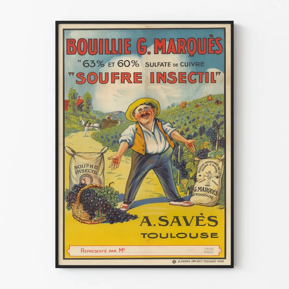 Vintagejuliste Bouillie G. Marqués Soufre Insectil - Retroseinäsdecoraatio viininviljelyyn