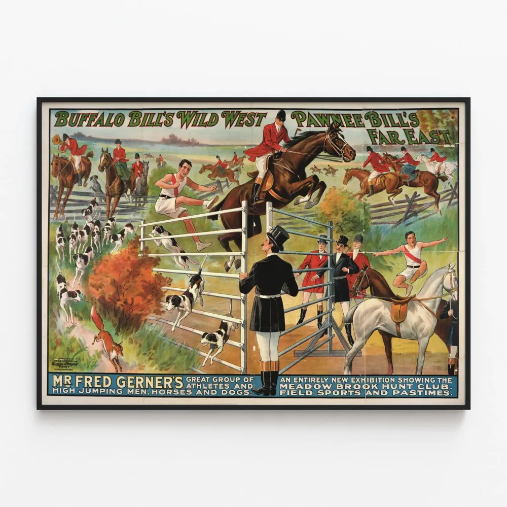 Vintagejuliste Buffalo Billin Wild Westistä ja Pawnee Billin Kaukoidästä - Ratsastus- ja urheilukoristelu seinälle