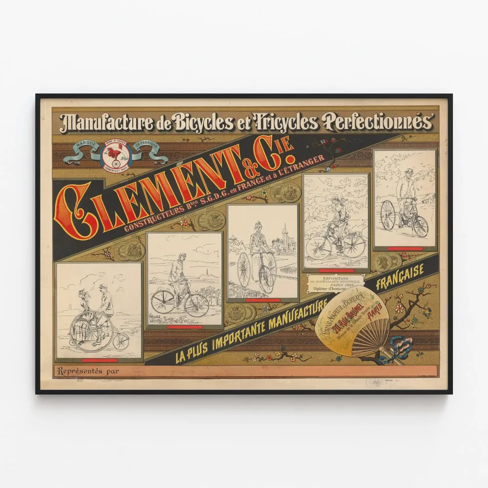 Vintagejuliste Clement & Cie polkupyörä- ja kolmipyörätehtaalta