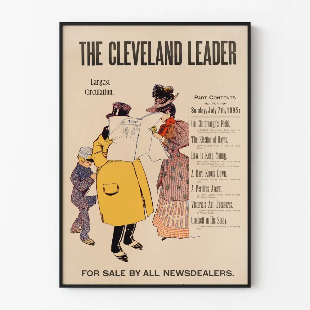 Vintagejuliste Cleveland Leader – 1900-luvun retroseinäkolla olevat sanomalehtitaideteokset