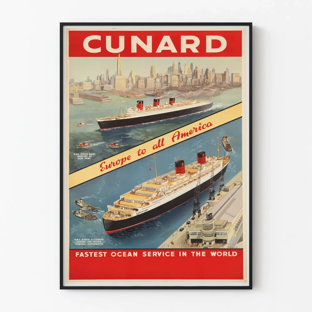 Vintagejuliste Cunard Transatlantit Queen Mary ja Queen Elizabeth