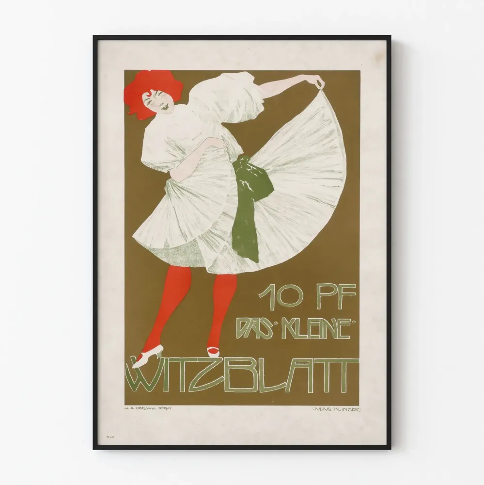 Vintagejuliste Das Kleine Witzblatt ja valkoisiin mekkoihin pukeutunut tanssija