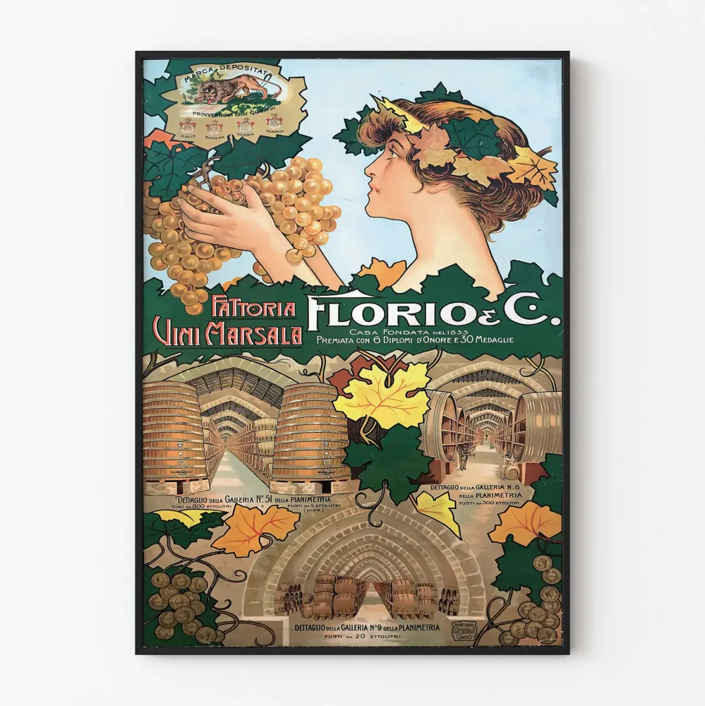 Vintagejuliste Fattoria Vini Marsala Florio & C. seinäkoristukseen
