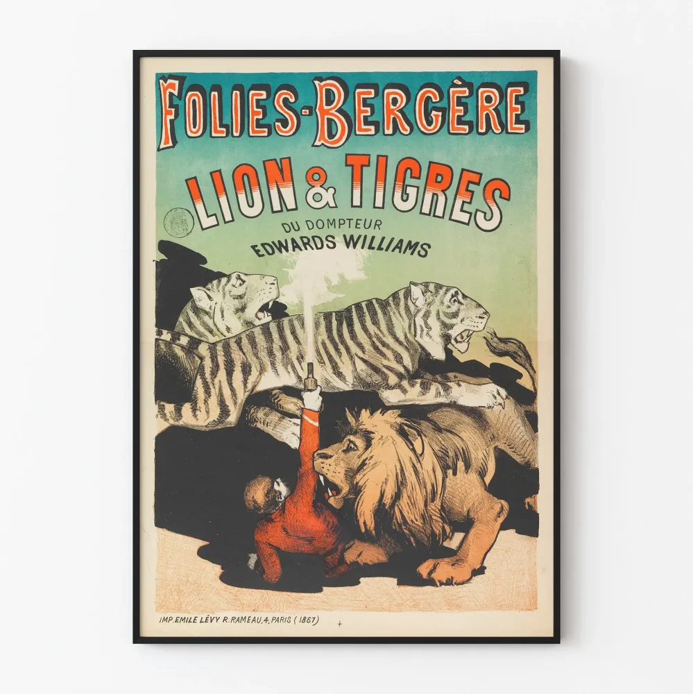 Vintagejuliste Folies Bergère Leijona ja tiikerit eläinlääkärin Edwards Williams