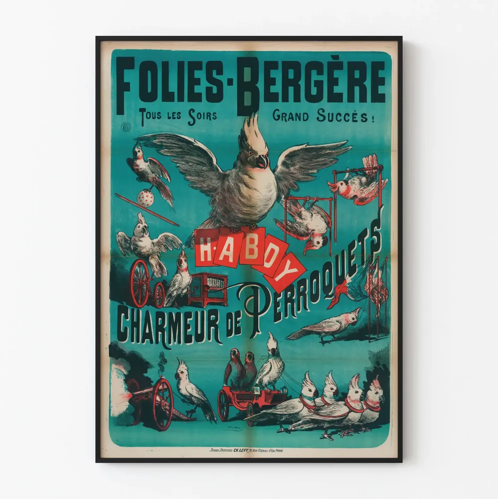 Vintagejuliste Folies Bergère Parrottien hurmaaja