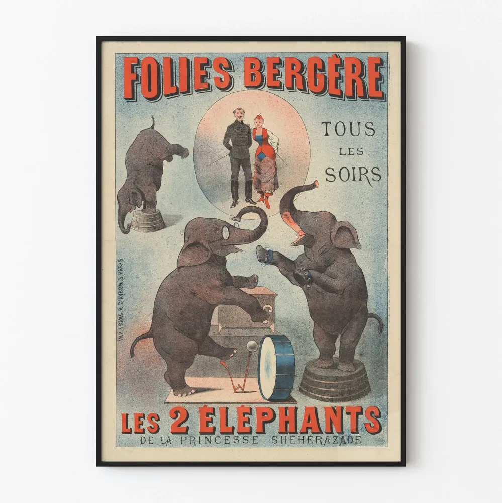 Vintagejuliste Folies Bergère Prinzessin Sheherazaden kahdet elefantit