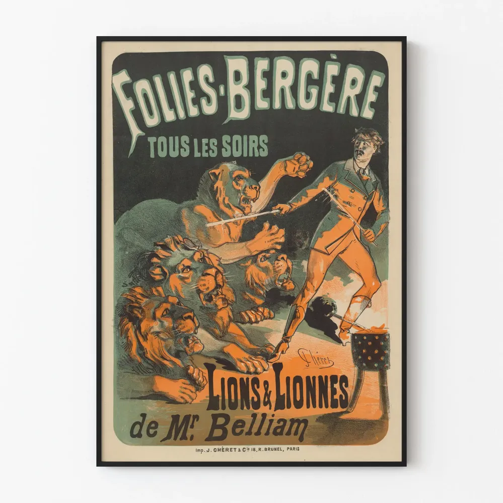 Vintagejuliste Folies Bergère -suruja ja naarasleijonia, tekijä Mr Belliam