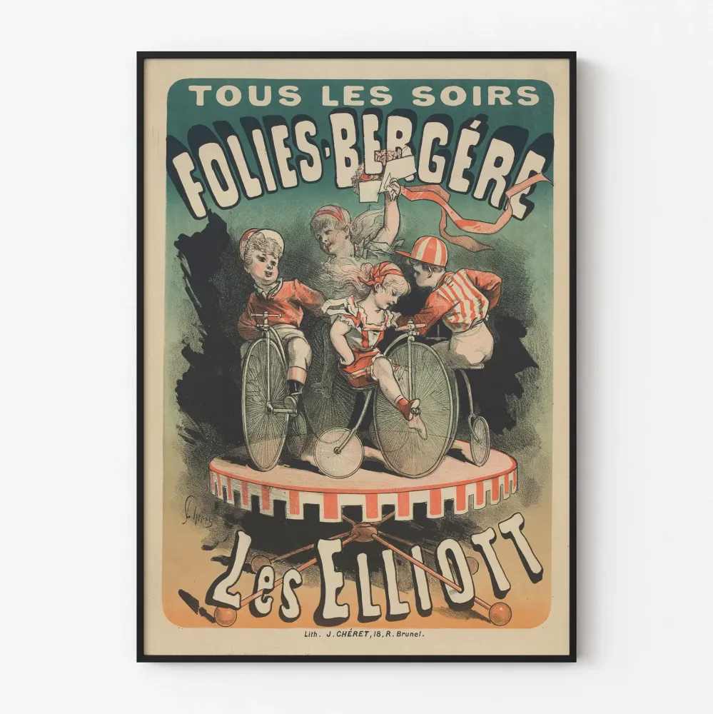 Vintagejuliste Folies-Bergère Les Elliott pyöräilemässä vanhalla pyörällä