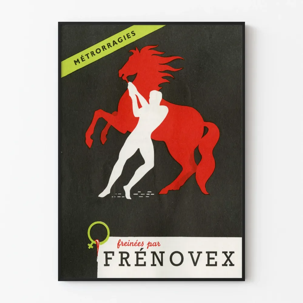 Vintagejuliste Frénovex - Hevosen ja ihmisen siluetti punaisena ja valkoisena
