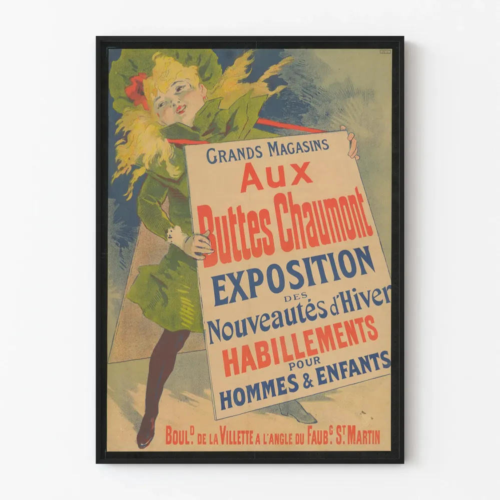 Vintagejuliste Grands Magasins Aux Buttes Chaumont - Talvisten uutuuksien näyttely