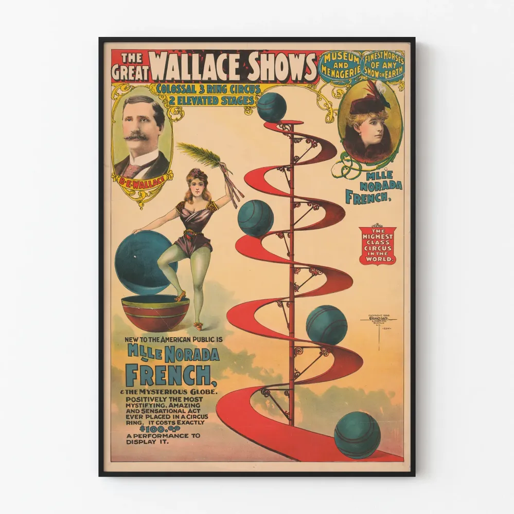 Vintagejuliste Great Wallace Shows -sirkus kolmella areenalla ja kahdella korotetulla lavalla