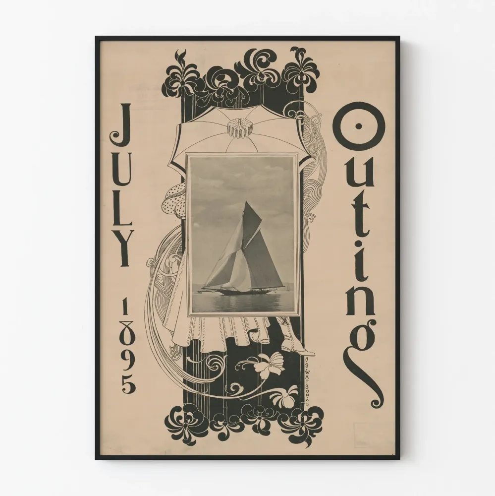 Vintagejuliste heinäkuussa 1895 julkaistu - purjevene ja art nouveau -kuvitus