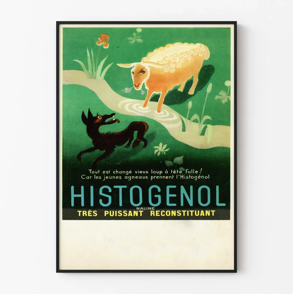 Vintagejuliste Histogenol - Kuvitettu seinäkoristelu lampaasta ja sudesta